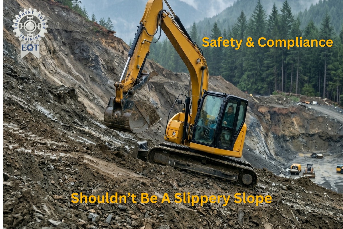 Excavator on a rocky slope with orange safety text: "Safety & Compliance" and subtitle "Shouldn’t Be A Slippery Slope" for a training banner.