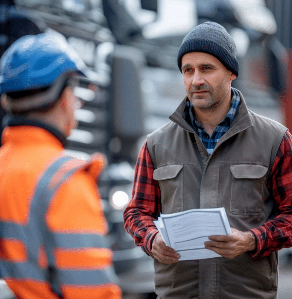 Construction worker in a beanie holding papers, talking with a colleague in a high-visibility jacket near parked trucks in a construction site.